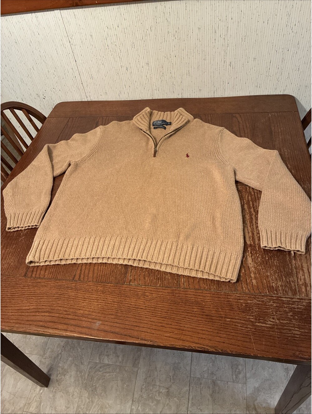 Vintage Polo Ralph Lauren 1/4 Zip Sweater Mens XL Beige Chunky Heavy Pullover